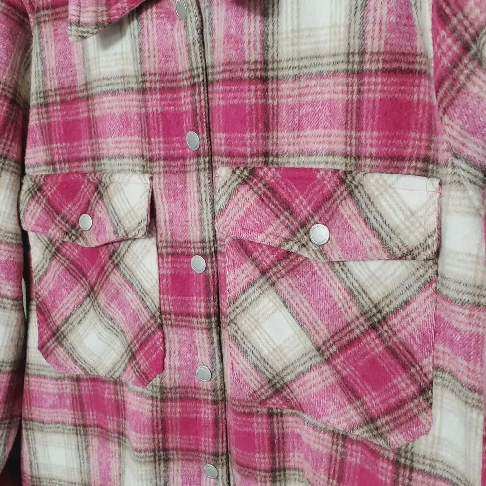 BLANKNYC Shacket Women Size XL Pink Brown Plaid Flannel Snap Buttons New - Picture 4 of 13